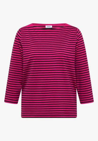 Cecil Cotton 3/4 Sleeve Top in Pink and Navy Stripe 325589