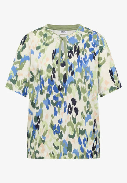 Cecil Cotton T-shirt with tie split neck and print 325595 Green