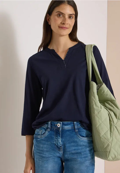 Cecil 3/4 sleeve shirt with split neck print detail  325694
