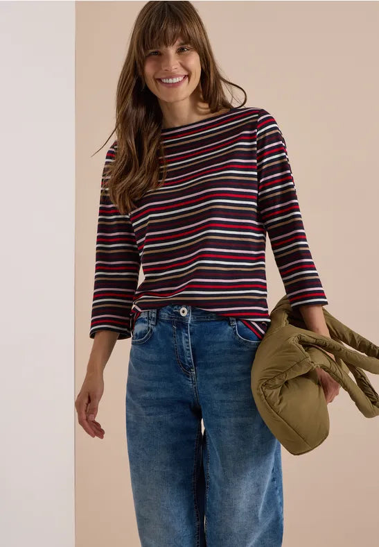 Cecil Cotton Stripe Top with 3/4 sleeve Navy base 325872