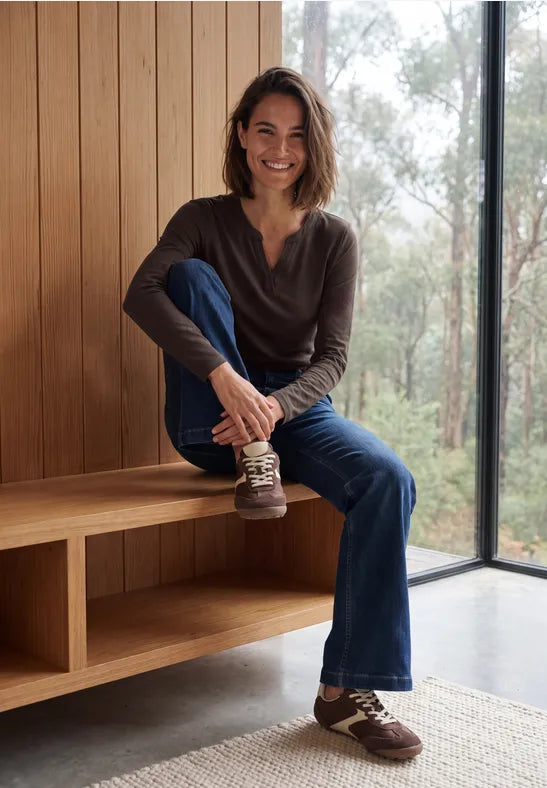 Cecil pure cotton split neck long sleeve Top with elastic waistband in brown 325886