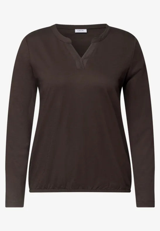 Cecil pure cotton split neck long sleeve Top with elastic waistband in brown 325886