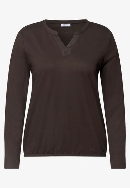 Cecil pure cotton split neck long sleeve Top with elastic waistband in brown 325886