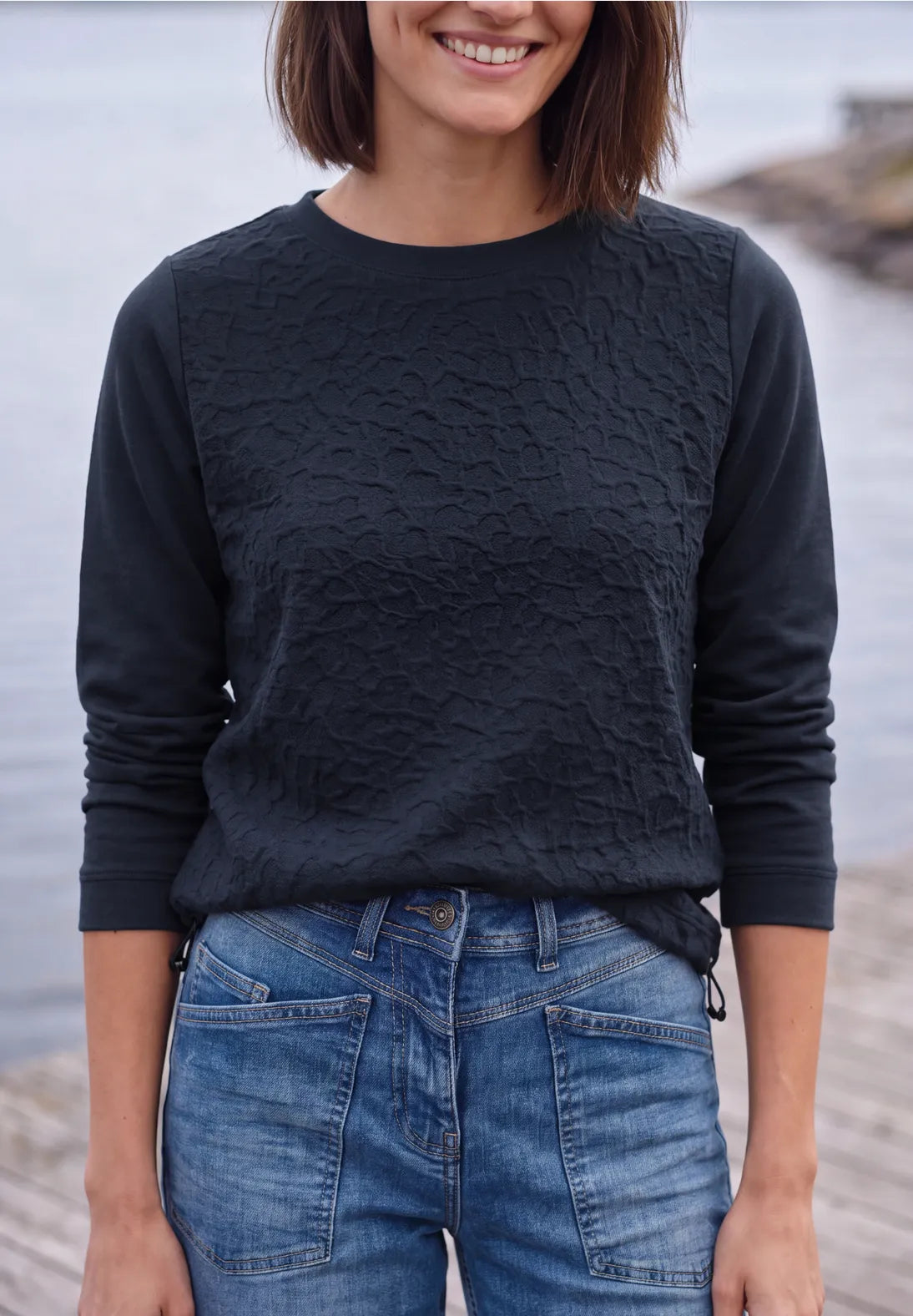 Cecil round neck  textured sweatshirt with drawstring waist navy 326036
