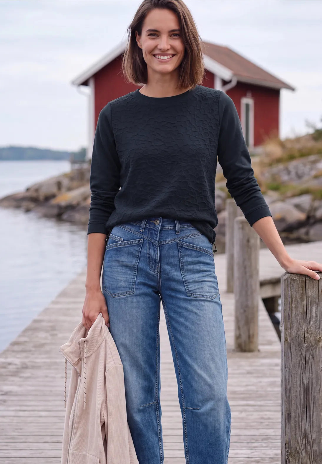 Cecil round neck  textured sweatshirt with drawstring waist navy 326036