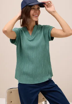 Cecil plain Jewel Green textured blouse with short sleeve 345990