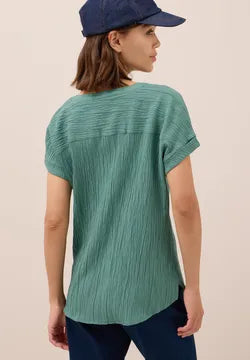 Cecil plain Jewel Green textured blouse with short sleeve 345990