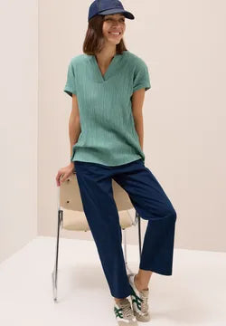 Cecil plain Jewel Green textured blouse with short sleeve 345990