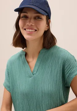 Cecil plain Jewel Green textured blouse with short sleeve 345990