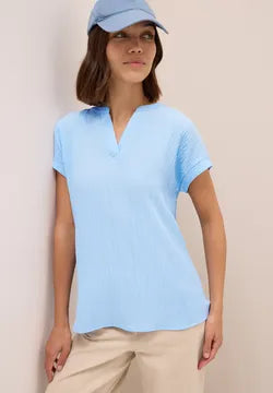 Cecil plain Sky ~Blue textured blouse with short sleeve 345990 Blue