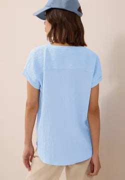 Cecil plain Sky ~Blue textured blouse with short sleeve 345990 Blue