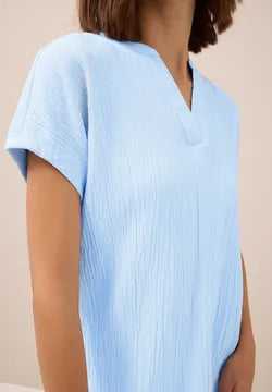 Cecil plain Sky ~Blue textured blouse with short sleeve 345990 Blue