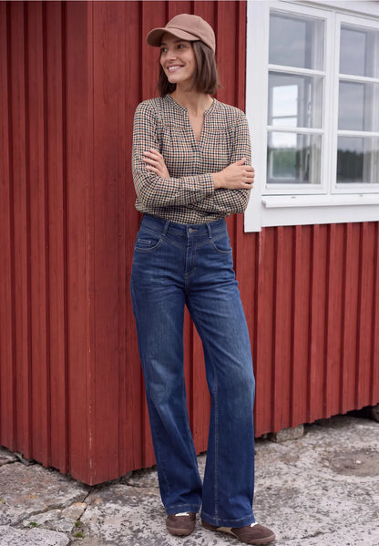 Cecil Long-sleeved top with split neck and tan Navy print  347000