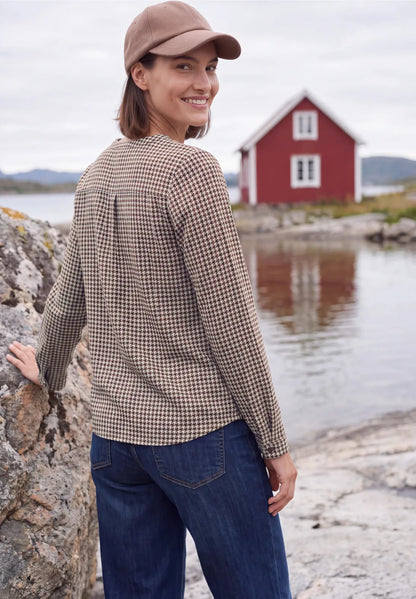 Cecil Long-sleeved top with split neck and tan Navy print  347000