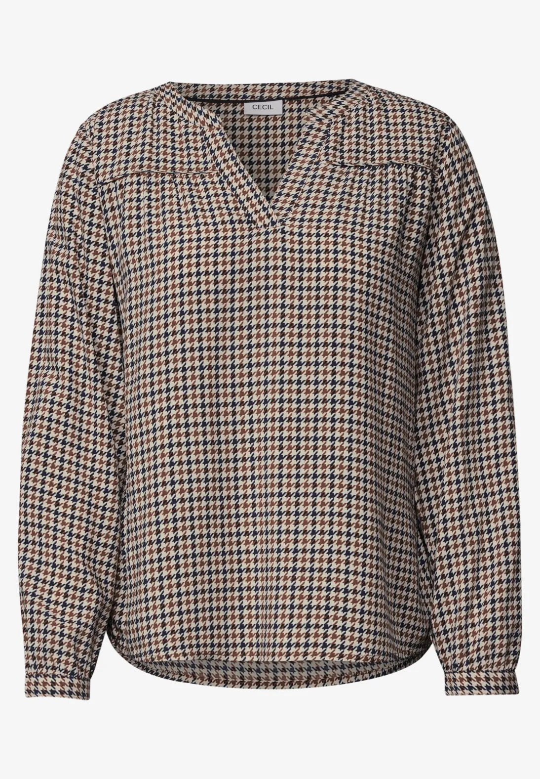 Cecil Long-sleeved top with split neck and tan Navy print  347000
