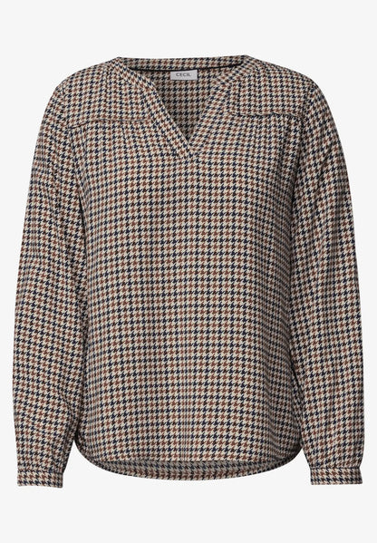 Cecil Long-sleeved top with split neck and tan Navy print  347000