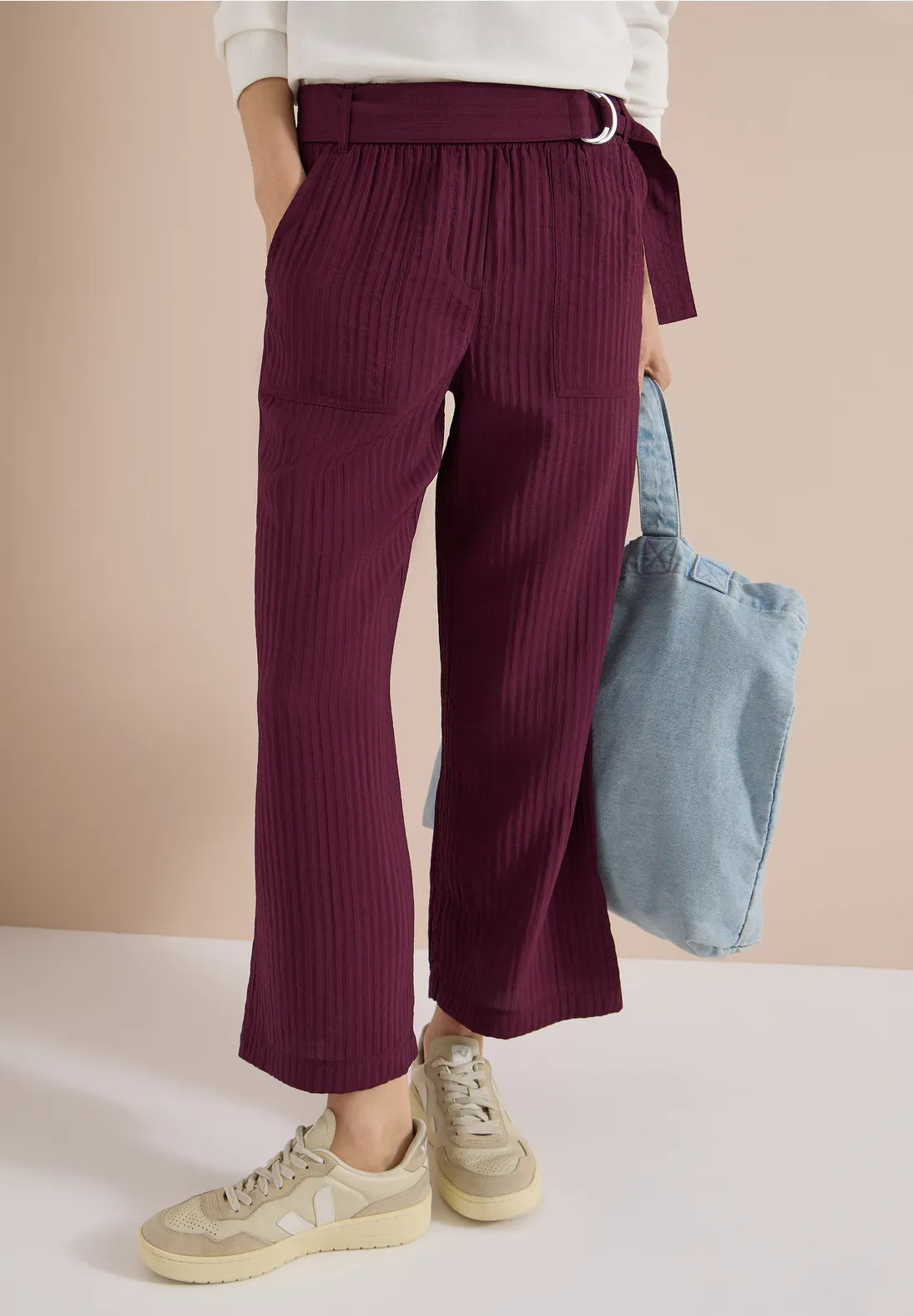 Cecil Wide Leg relaxed fit trousers with belt detail 26" leg 380812 Grape