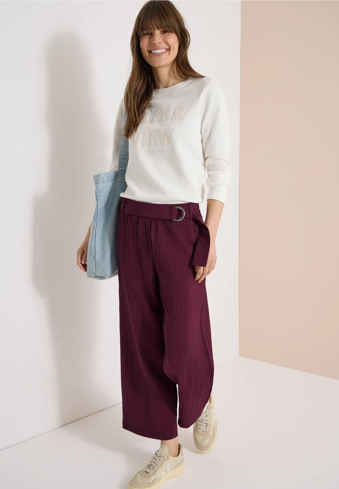 Cecil Wide Leg relaxed fit trousers with belt detail 26" leg 380812 Grape