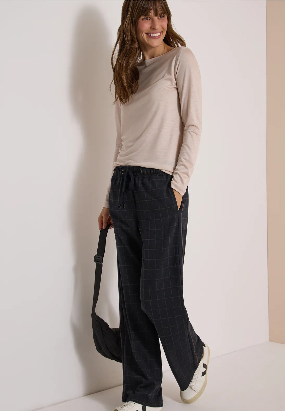 Cecil Wide leg trousers with check pattern and Side tape detail in Navy. 30" Leg