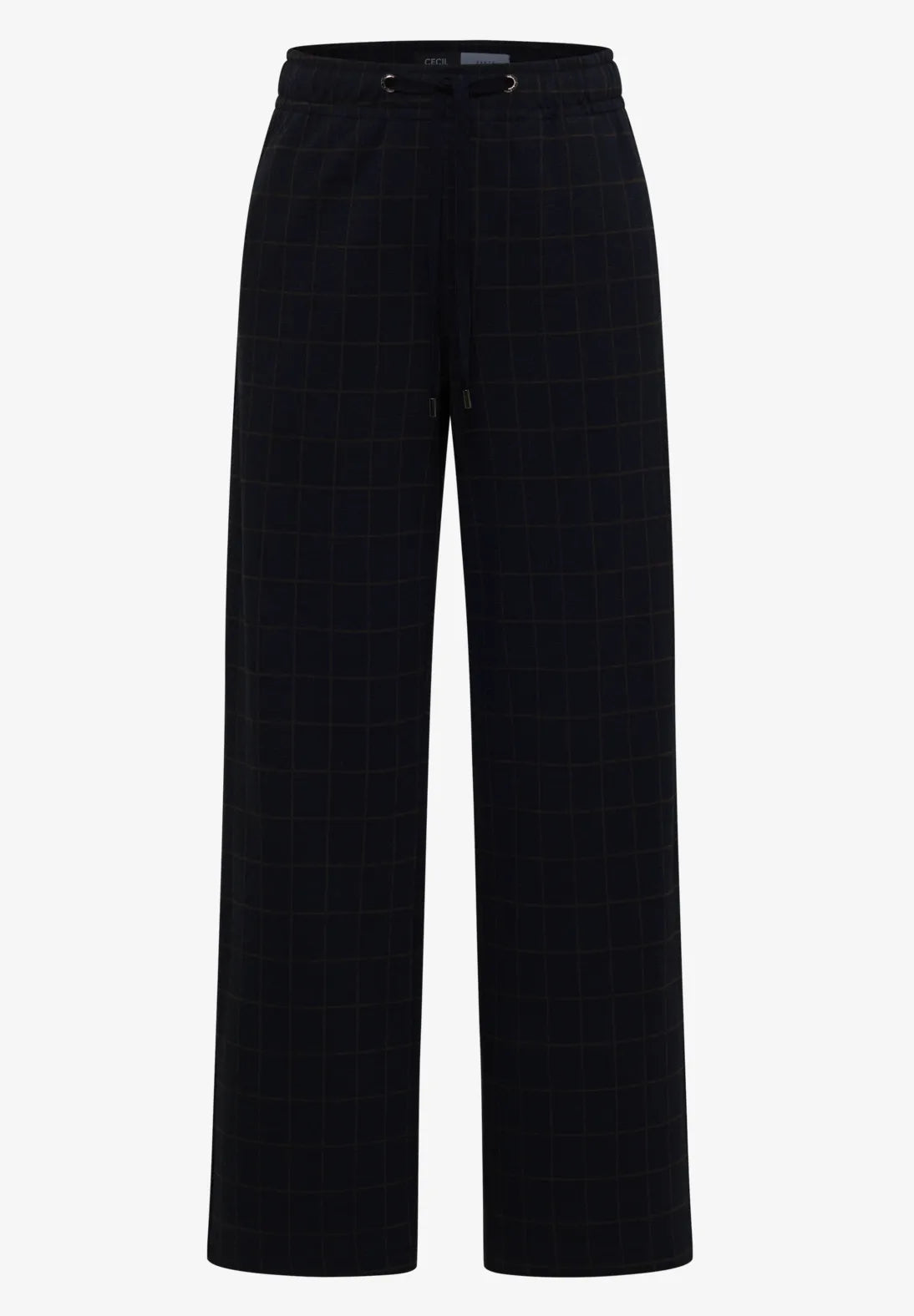 Cecil Wide leg trousers with check pattern and Side tape detail in Navy. 30" Leg