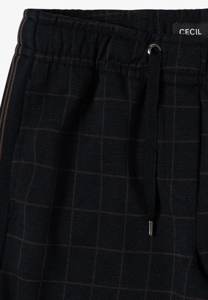 Cecil Wide leg trousers with check pattern and Side tape detail in Navy. 30" Leg