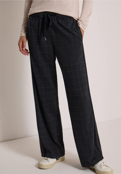 Cecil Wide leg trousers with check pattern and Side tape detail in Navy. 30" Leg