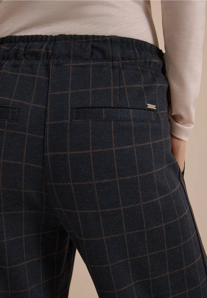 Cecil Wide leg trousers with check pattern and Side tape detail in Navy. 30" Leg