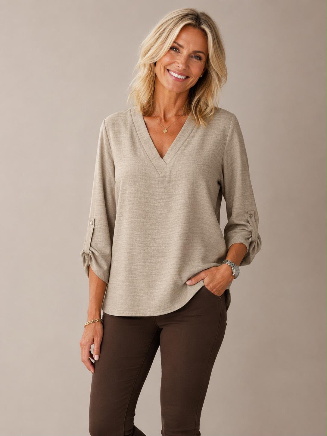 Plain V neck top lightweight in Latte Yew 26 42