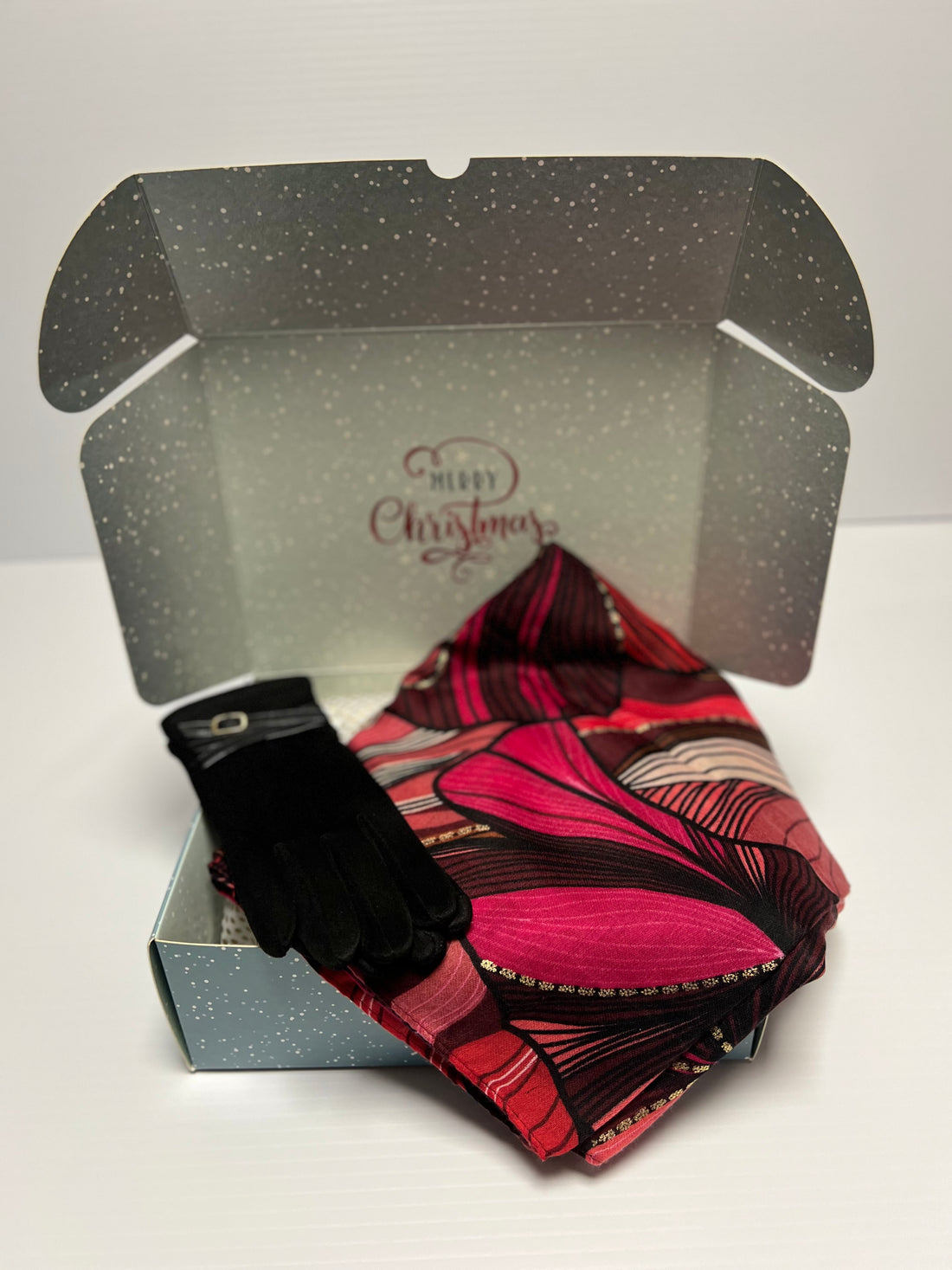 Christmas Gift Box - Red Print long scarf with Black Faux Suede gloves