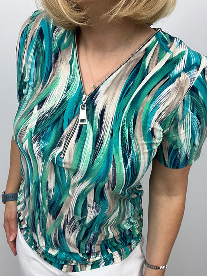 Ilona Short Zip top in Green and Navy Mix Zip26 12