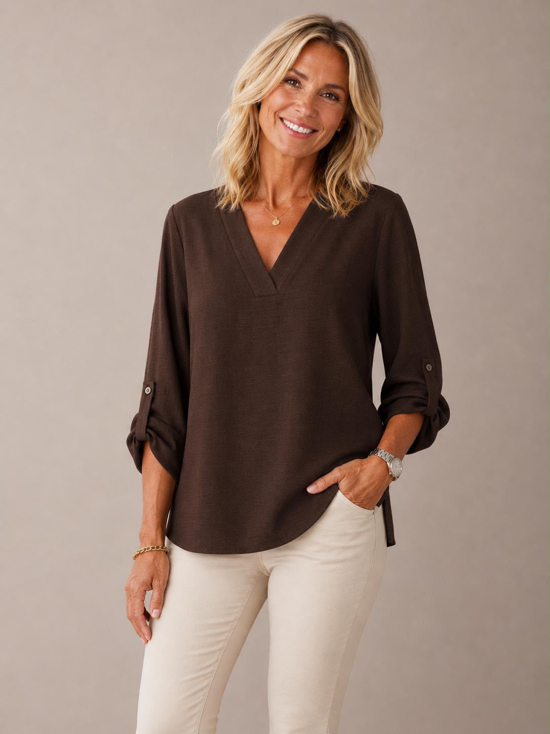 Plain V neck top lightweight in Brown Yew26 42
