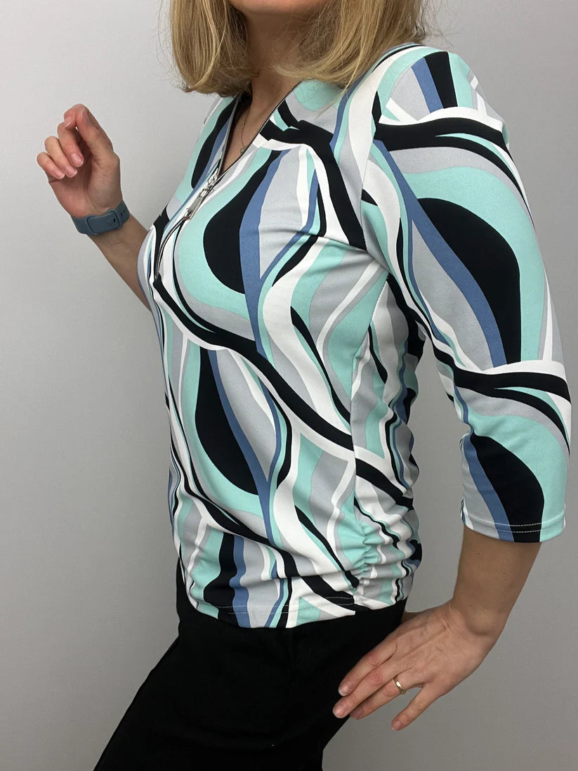 Ilona 3/4 sleeve Zip top in Mint green and black  Zip26 15