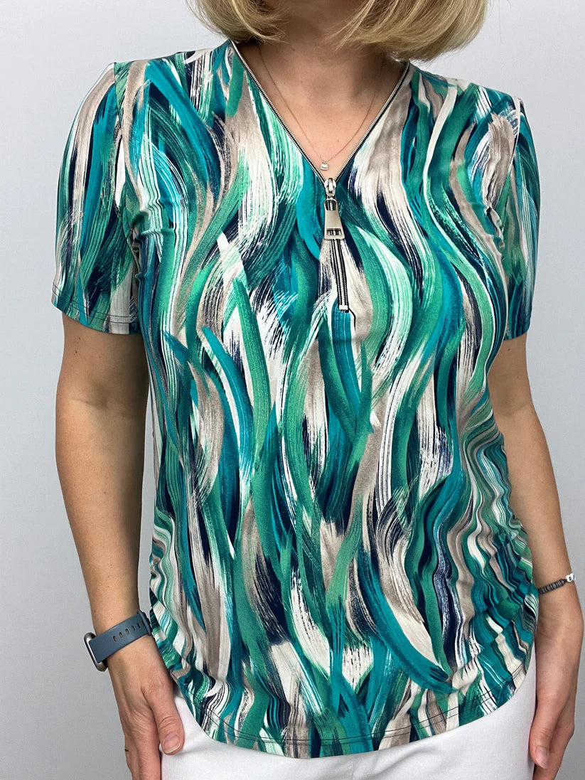 Ilona Short Zip top in Green and Navy Mix Zip26 12