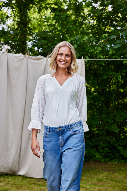 Fransa Off white top with Broderie Anglaise sleeve 20615580