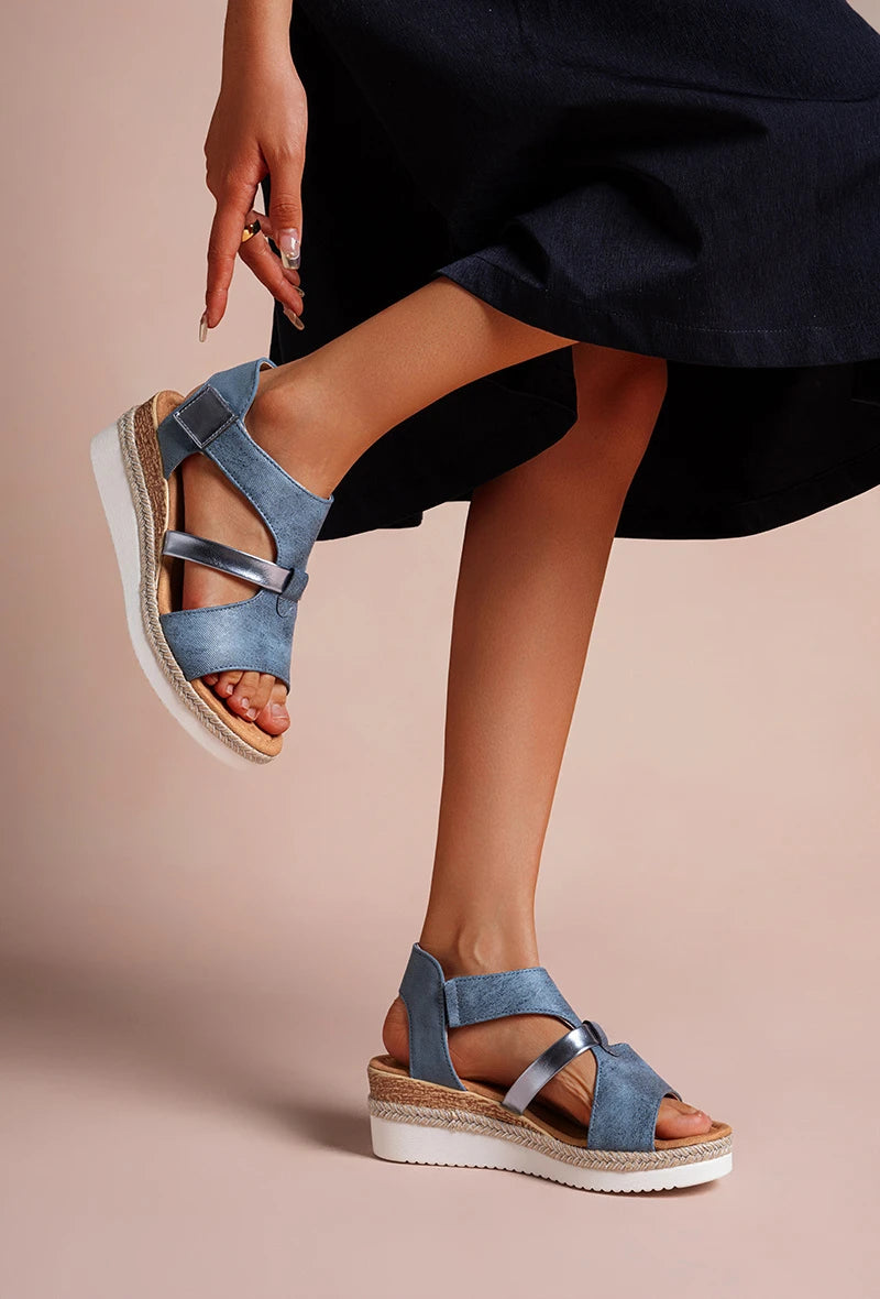 Featherlight velcro strap low wedge sandal in denim Blue