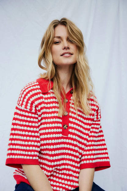 Free/Quent Retro Stripe Knit with collar  207608