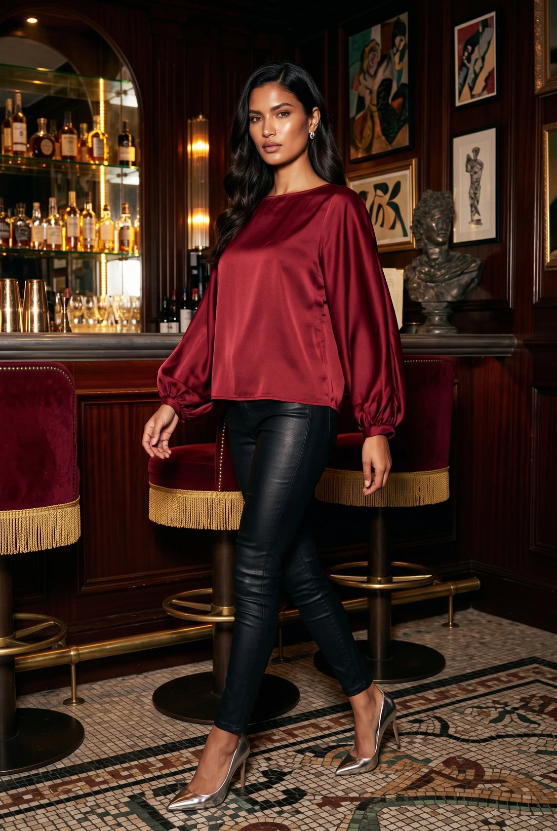 Marc Angelo Satin Blouse with Soft Gathered Sleeves