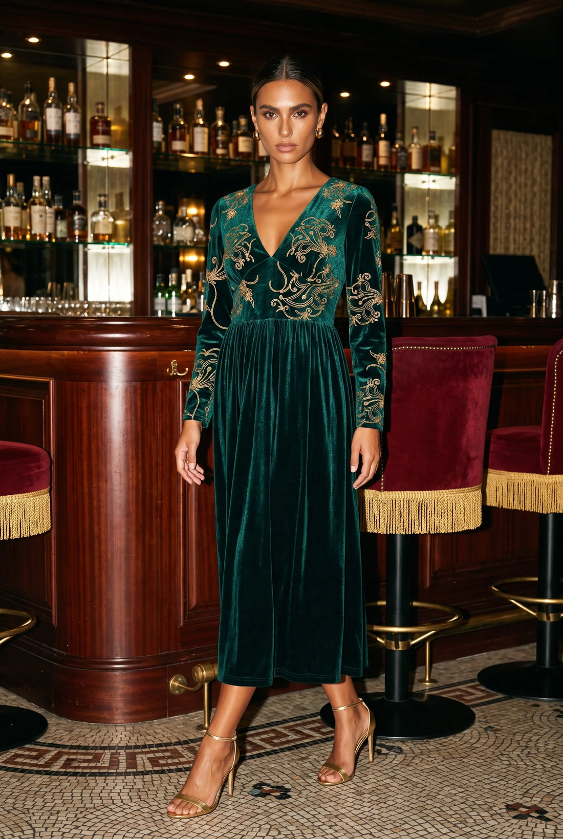 Marc Angelo Velvet Embroidered Midi Dress Black, Green or Burgundy  81188