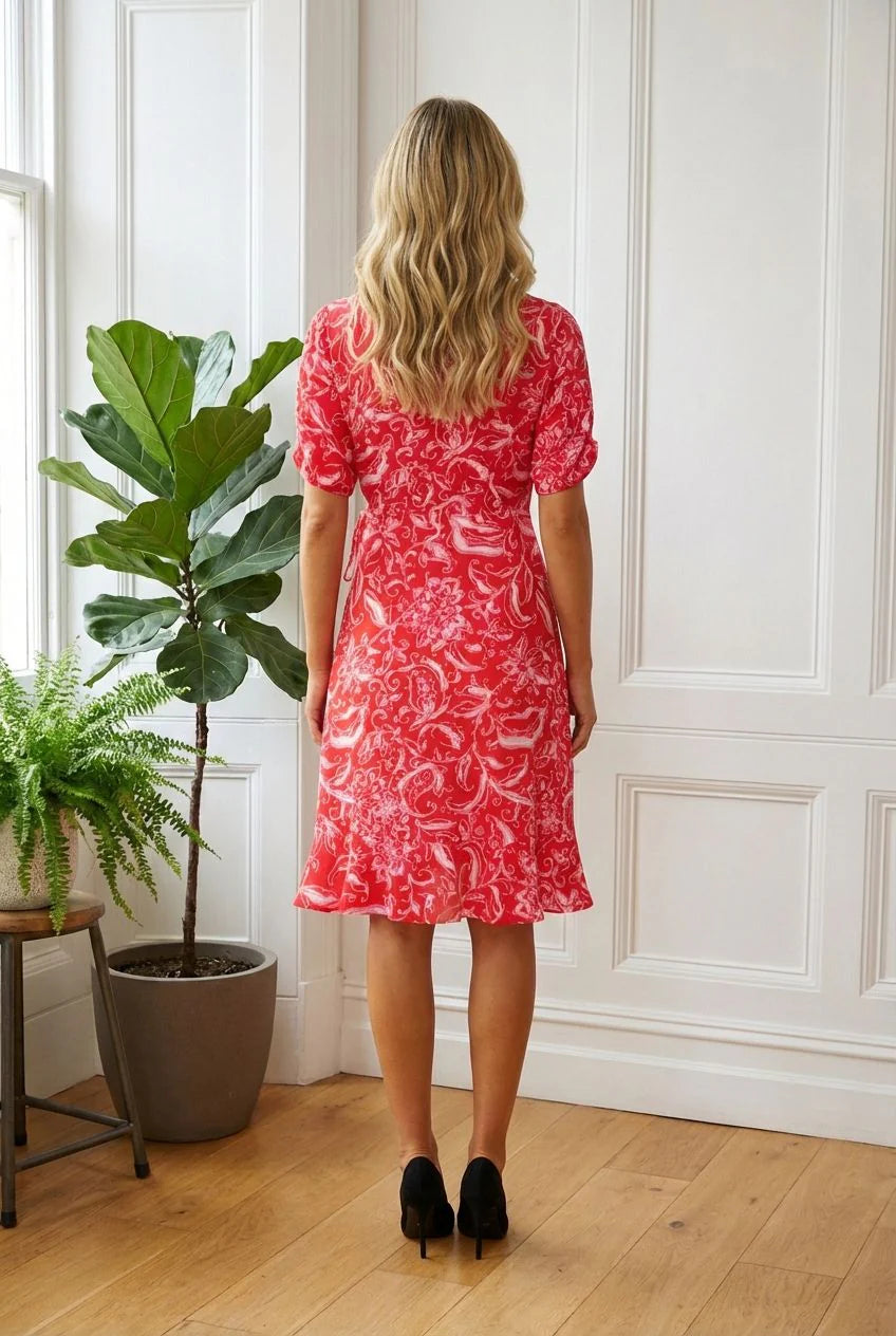 Stella Morgan Red Floral Frill Hem Wrap Dress