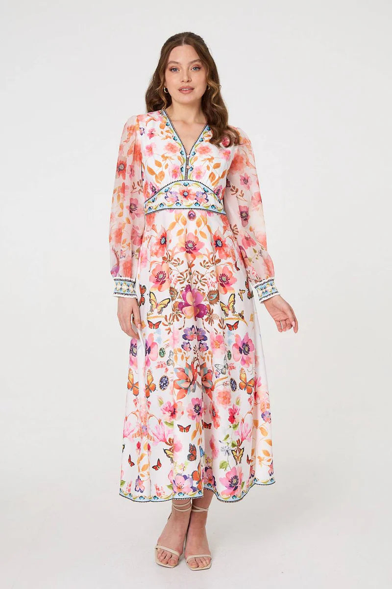 Stella Border print maxi dress with long sleeve and v neckline