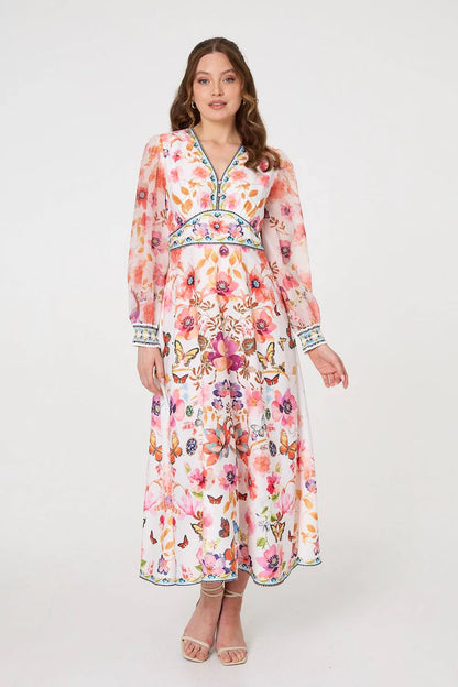 Stella Border print maxi dress with long sleeve and v neckline