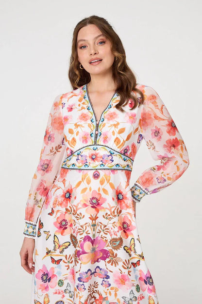 Stella Border print maxi dress with long sleeve and v neckline