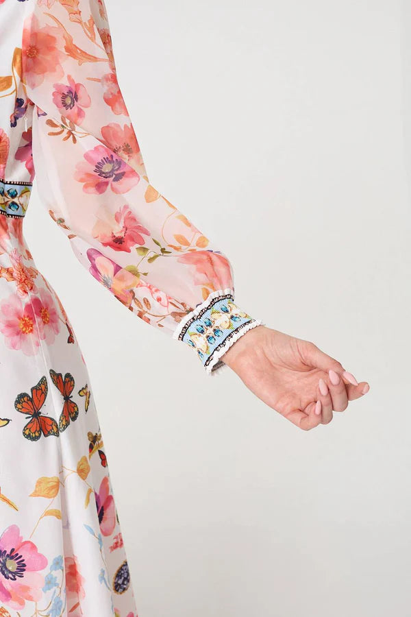 Stella Border print maxi dress with long sleeve and v neckline
