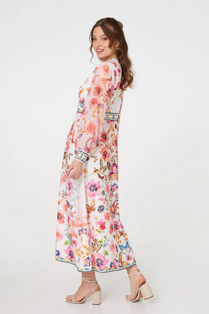 Stella Border print maxi dress with long sleeve and v neckline