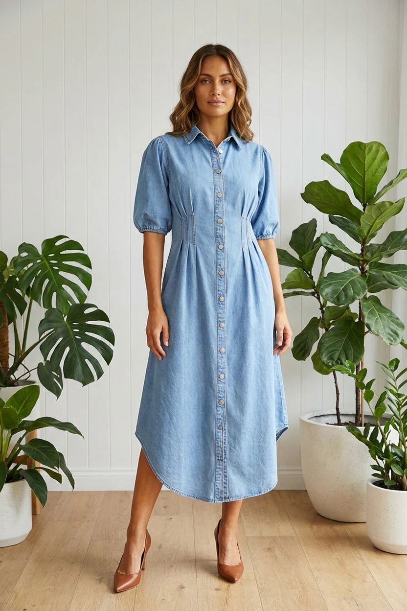 Stella Morgan Denim Curve Hem Midi Shirt Dress