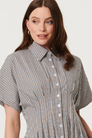 Stella Morgan tan and black Pinstripe shirt dress with pockets