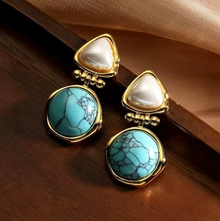 Gold Pearl &amp; Turquoise Drop Earrings