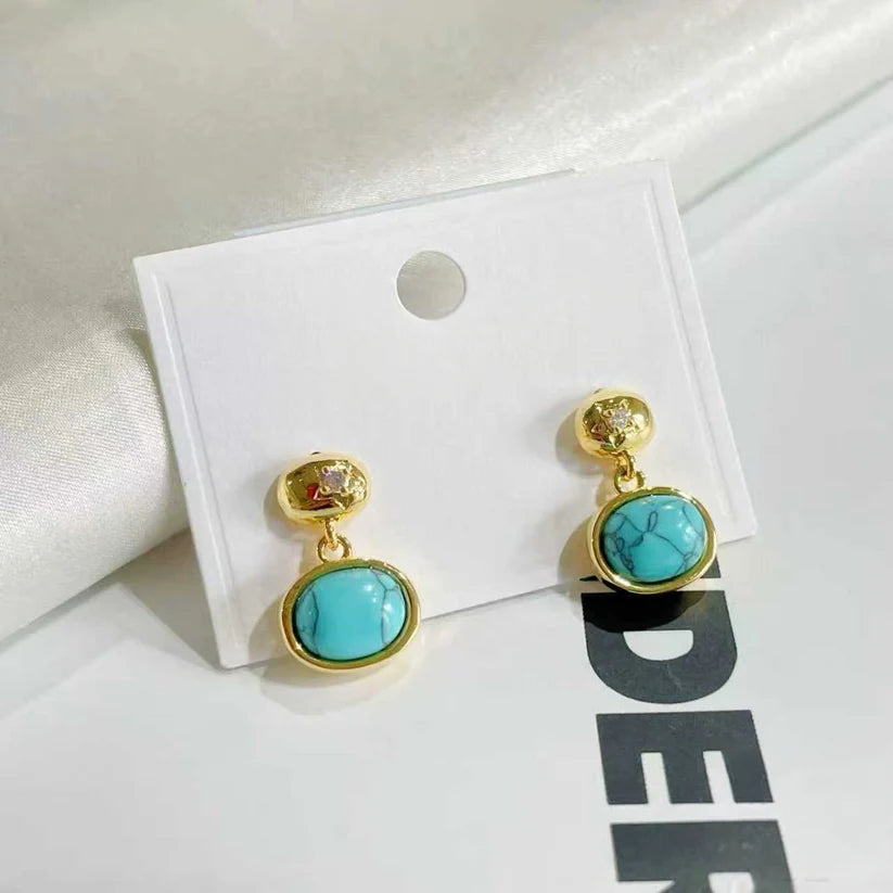 Gold &amp; Turquoise Stone Drop Earrings