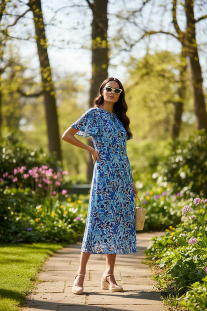 Marc Angelo flutter sleeve blue printed midi dress  Ma81178-D405blu