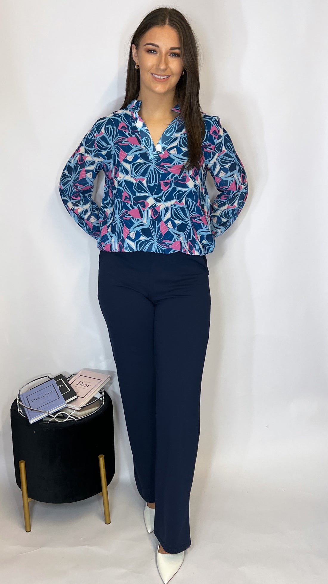 Kate band Top in Navy and Pink Print